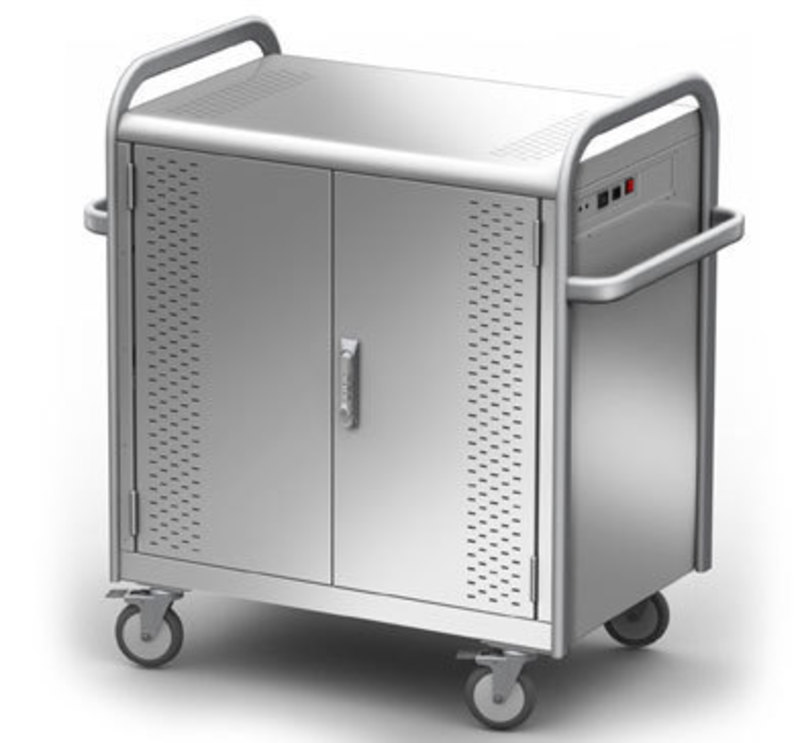 Three quarters front view of the Pulse laptop cart with doors closed