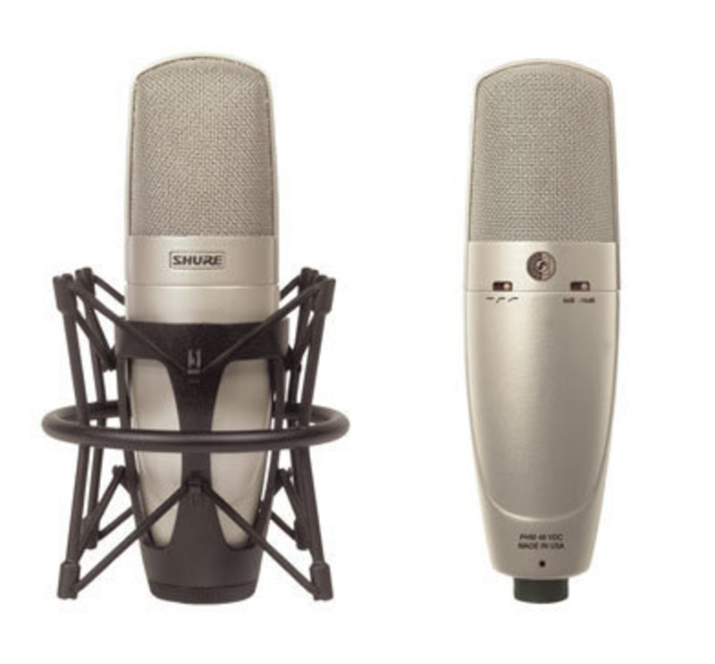 Two views of the KSM32 Microphone showing it in a shock mount and rear control switches