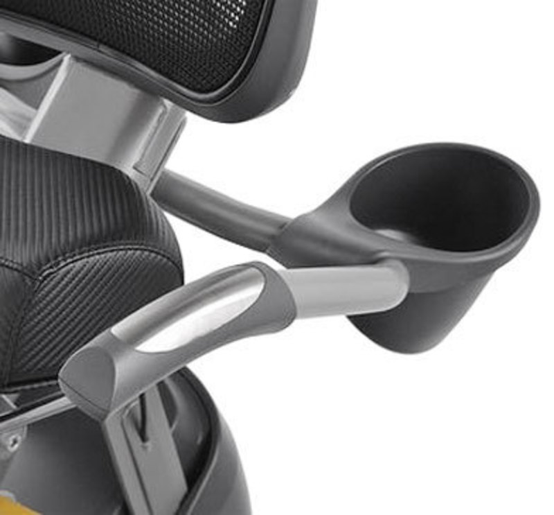 Close up view of the cup holder on the xR3 series elliptical machine