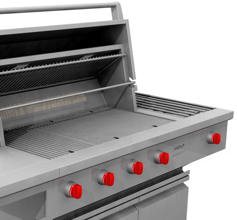 Wolf Appliance, Inc.: 42-inch Outdoor Gas Grill with Side Burner Overhead view with the grill open revealing the grates