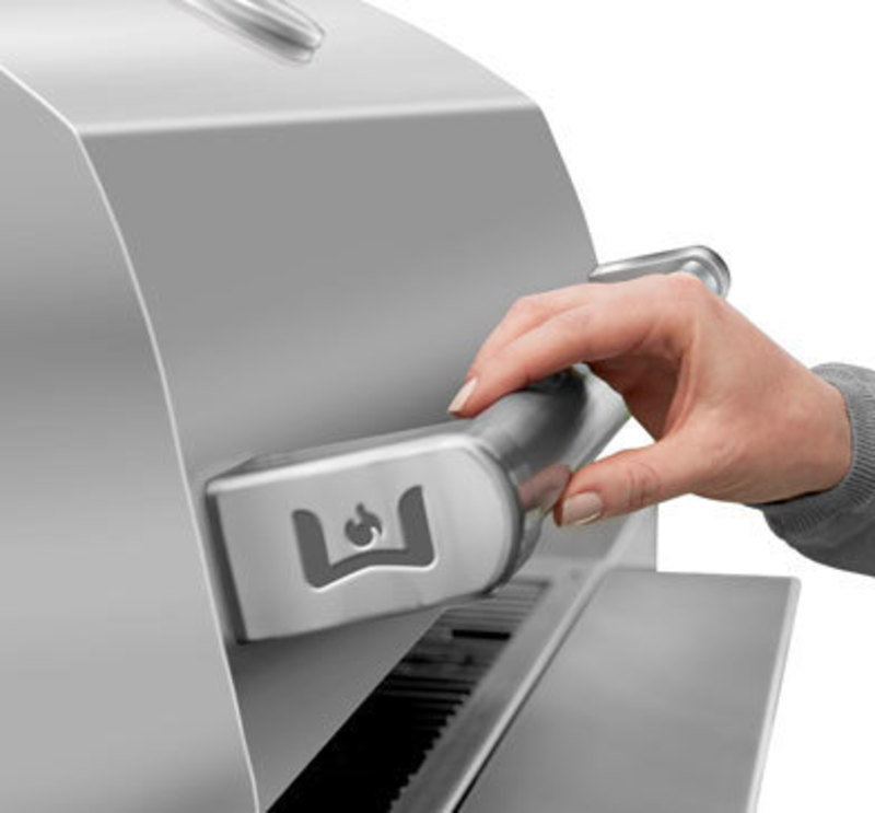 Wolf Appliance, Inc.: 42-inch Outdoor Gas Grill with Side Burner Detail view of the grill handle with the Wolf logo on the side