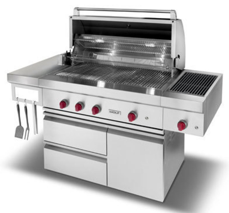 Wolf Appliance, Inc.: 42-inch Outdoor Gas Grill with Side Burner Three quarters front view with the grill hatch open