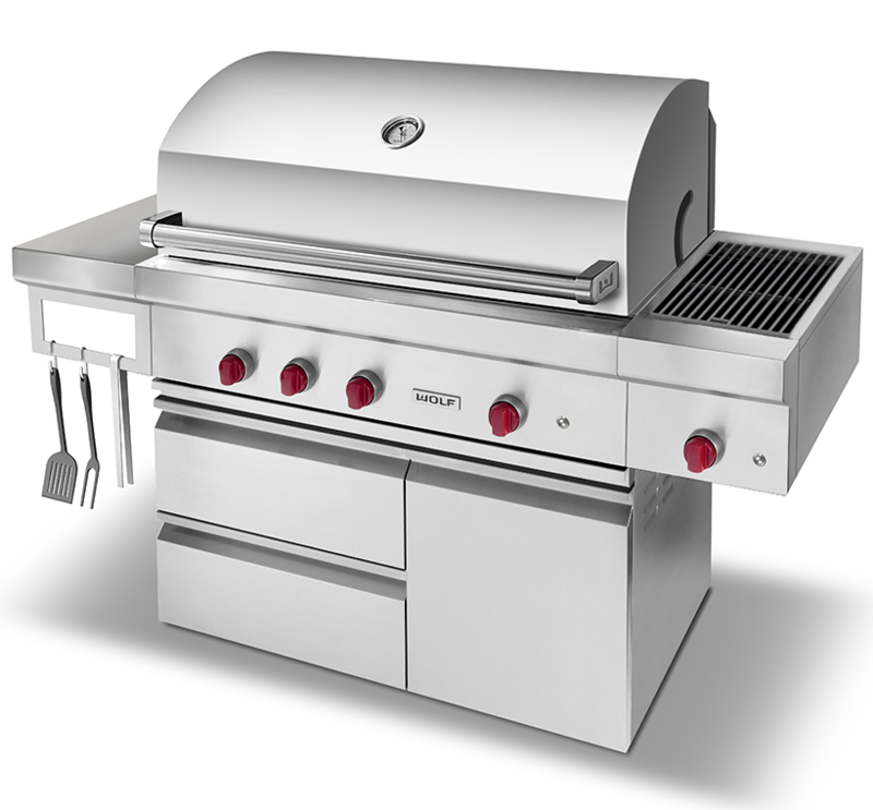 Wolf Appliance, Inc.: 42-inch Outdoor Gas Grill with Side Burner Three quarters front view of the outdoor grill