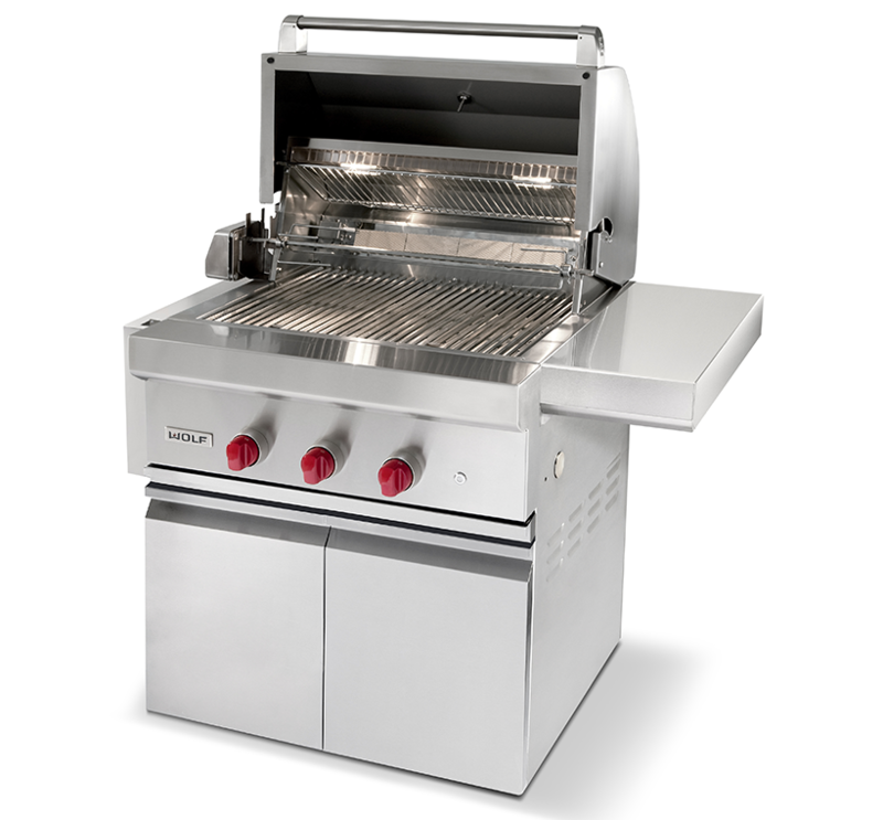 Three quarters front view of the 30 inch gas grill with hatch open