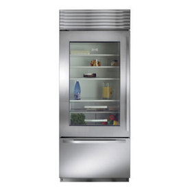 Front view rendering of the over under refrigerator with window and stainless steel finish