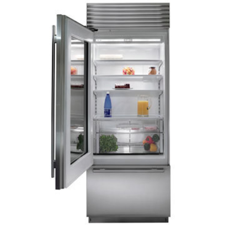 Front view rendering of the over under refrigerator with door open and stainless steel finish