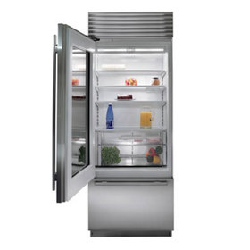 Front view rendering of the over under refrigerator with door open and stainless steel finish
