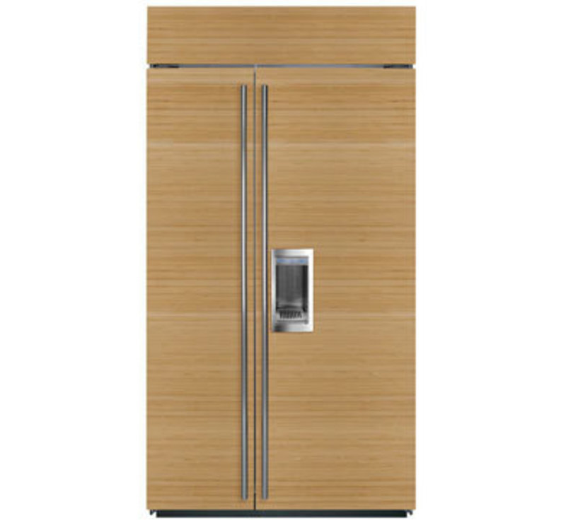 Sub-Zero, Inc.: Side-by-Side Built-In Refrigeration Front view rendering of a side by side with a wood overlay applied to the front