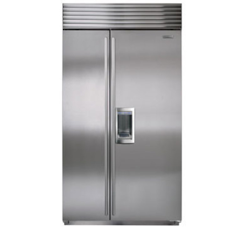 Sub-Zero, Inc.: Side-by-Side Built-In Refrigeration Front view rendering of a side by side with a stainless steel finish on the front