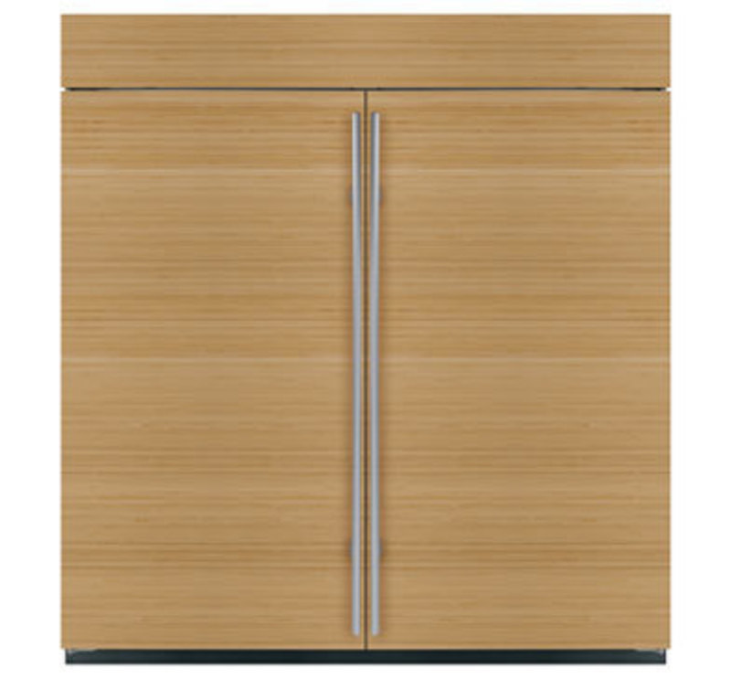 Sub-Zero, Inc.: All Refrigerator-All Freezer Built-In Refrigeration Front view rendering of the unit with a wood panel overlay