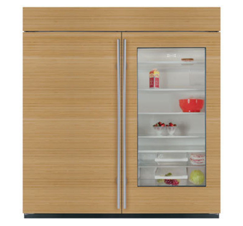 Sub-Zero, Inc.: All Refrigerator-All Freezer Built-In Refrigeration Front view rendering of the unit with a wood panel overlay and window