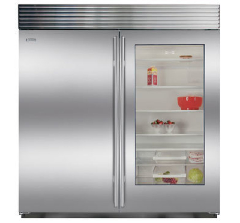 Sub-Zero, Inc.: All Refrigerator-All Freezer Built-In Refrigeration Front view rendering of the unit with stainless steel finish and window