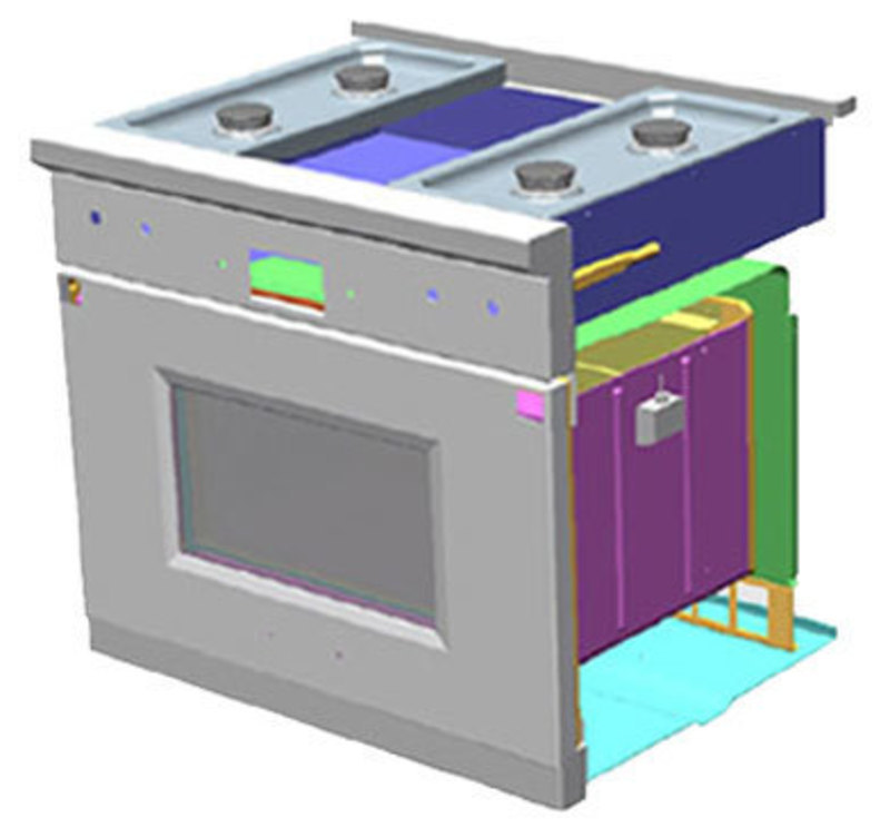 Wolf Appliance, Inc.: Dual Fuel Range, 30-inch SolidWorks view showing how new sheet metal components interact with new internal components