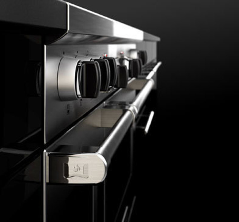 Wolf Appliance, Inc.: Dual Fuel Range, 30-inch Side view close up showing the Wolf logo emblazoned on the side of the handle