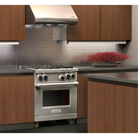 In context view of the dual fuel range installed into a kitchen counter