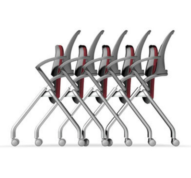 Side view showing how the chairs fold up and nest together in a single-file line