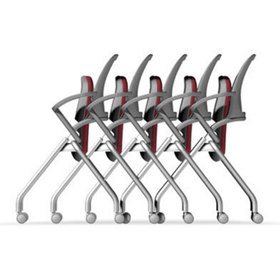 Side view showing how the chairs fold up and nest together in a single-file line