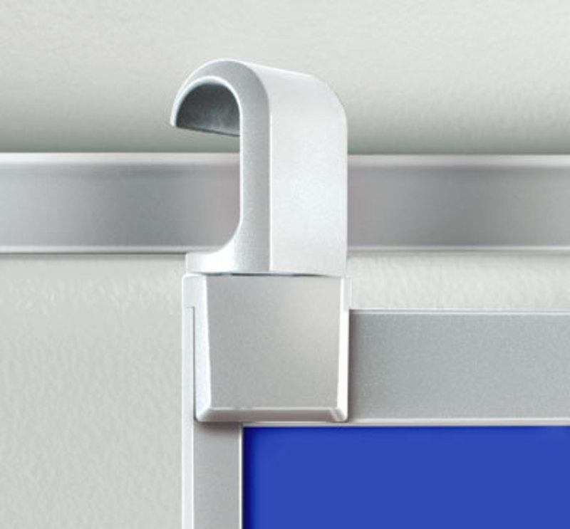 Allsteel Inc.: Get Set Presentation Detail view showing the hooks used by the Get Set presentation board system interact with the wall rails