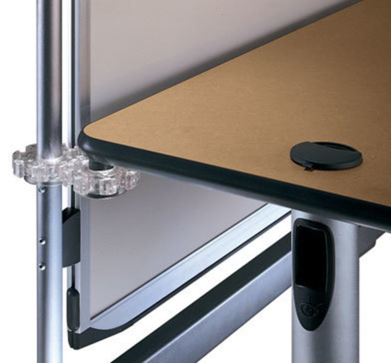 Detail view showing how the interlock system can lock a table to a display board