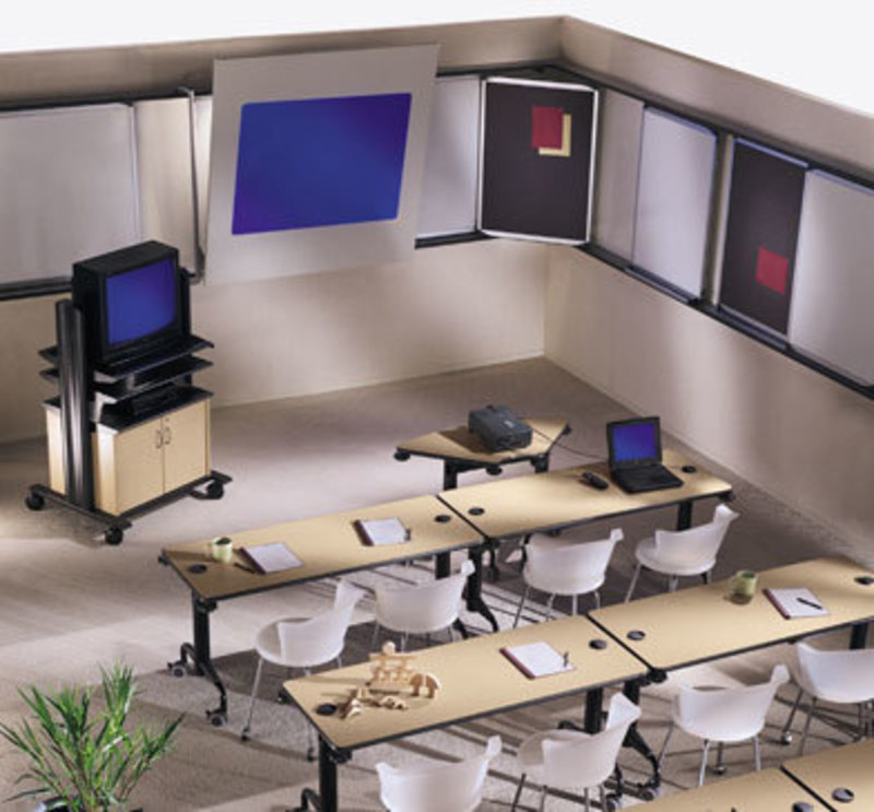 Overhead view of a room showing how a projector system can be used with Here Mobile Rail System