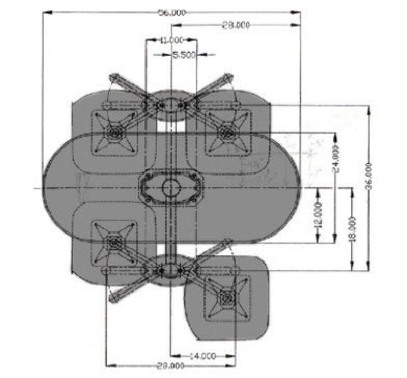 Top schematic view of the frameworx table with dimensions