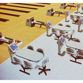 Concept rendering showing an overhead view of frameworx furniture in a bowling alley