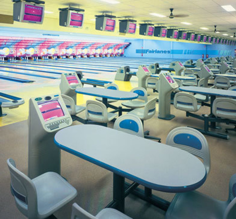 Photograph of the frameworx furniture system installed in a bowling alley