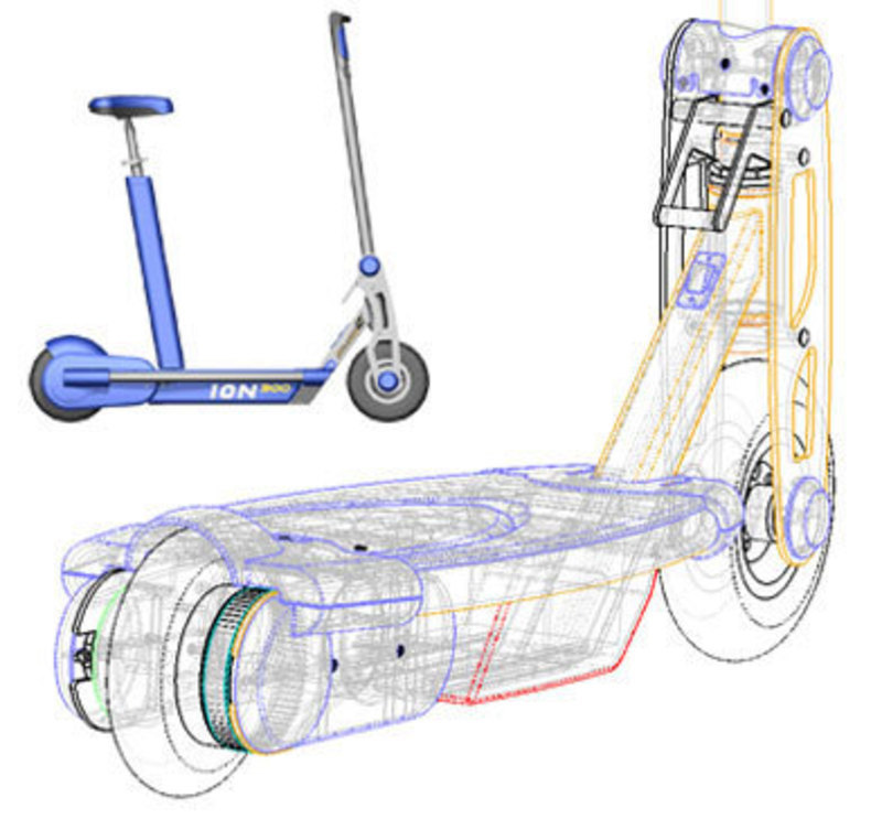Bladez, Inc.: ION 350 Electric Scooter SolidWorks view showing how internal components fit inside the ION 350