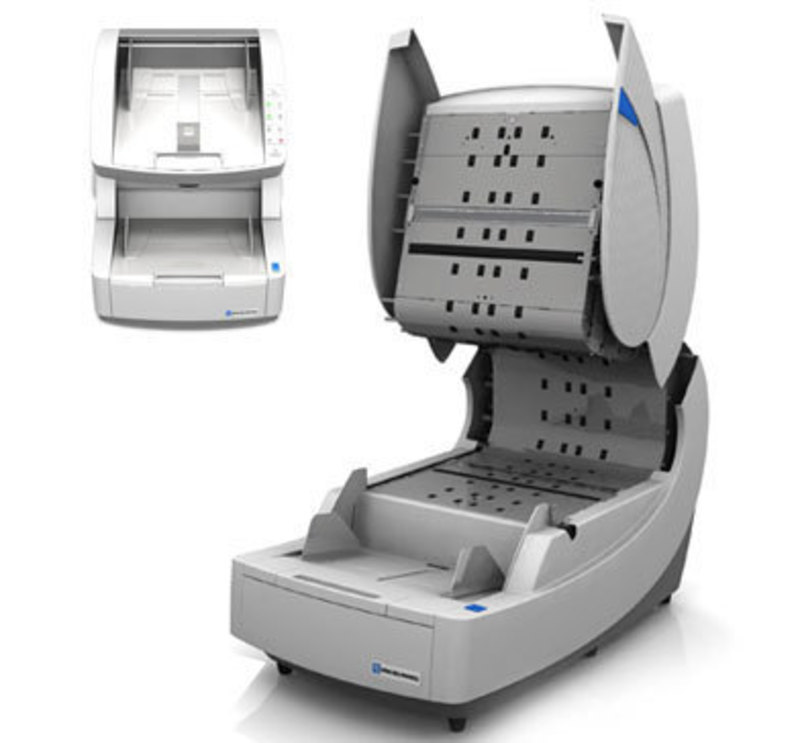 Three quarters front view of the Ngenuity Scanner opened showing the document trackway