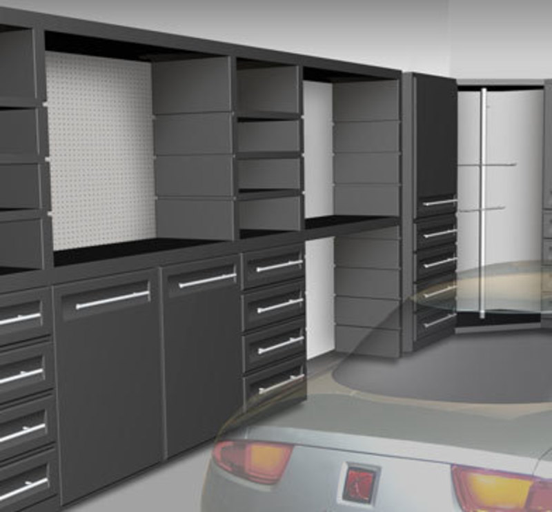 Alternate color sample installation of the Transwall storage system showing how it can fit next to a car