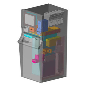 Isometric CAD view showing all of the internal components inside the Transaction Kiosk