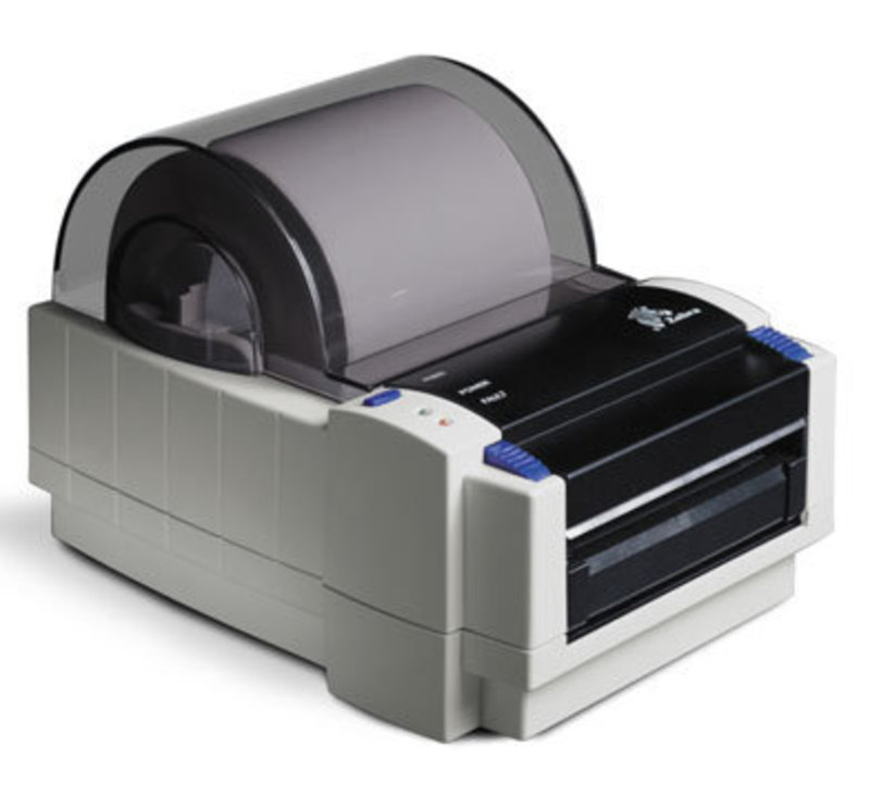 Three quarters front view of the A100 thermal desktop printer