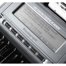 Close up view of the LCD screen on the Stentura court reporter