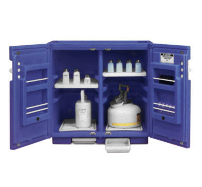 Front view of the safety cabinet with its door open and hazardous material containers inside