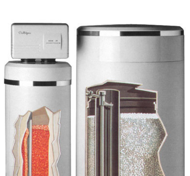 Concept rendering showing a cross section of the water softener with filter media inside