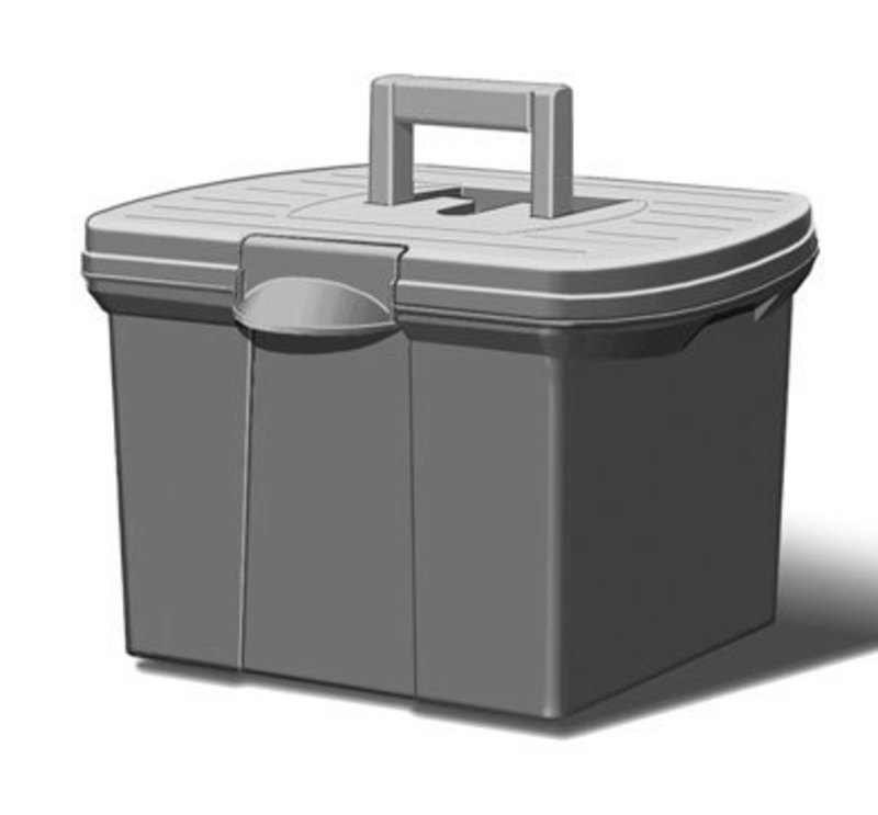 Three quarters front view concept rendering of the portable crate in grey