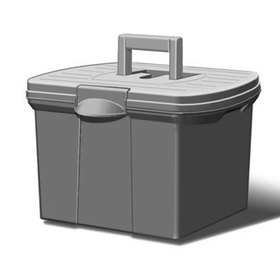 Three quarters front view concept rendering of the portable crate in grey