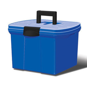 Three quarters front view concept rendering of the portable crate in blue