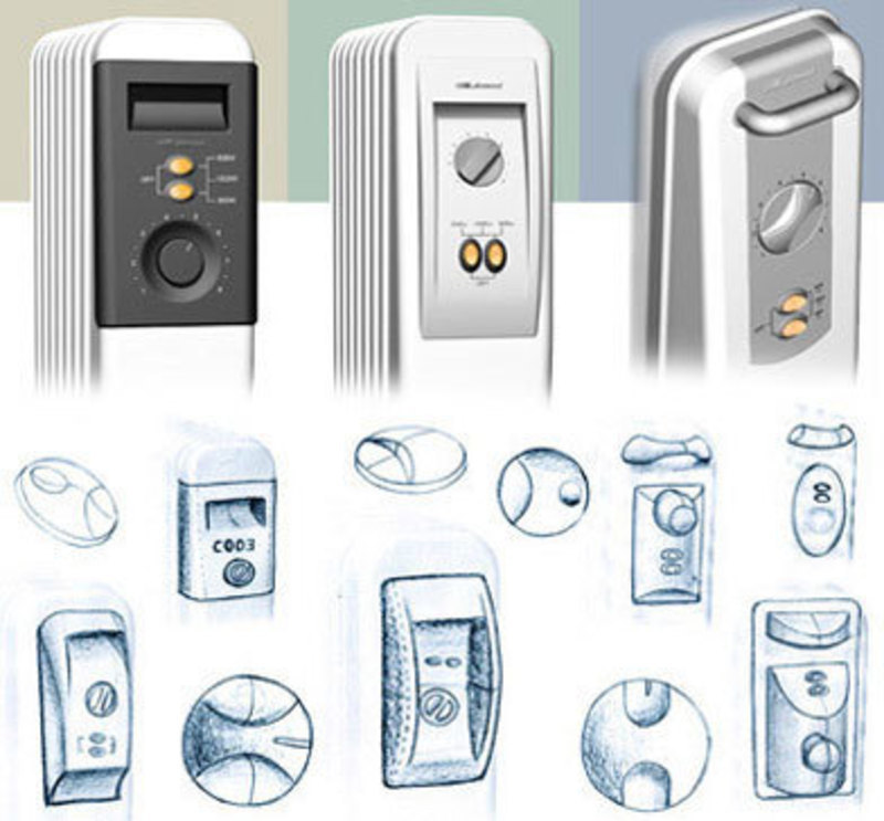 Collage of control panel concept sketches and renderings for the Heater 5500