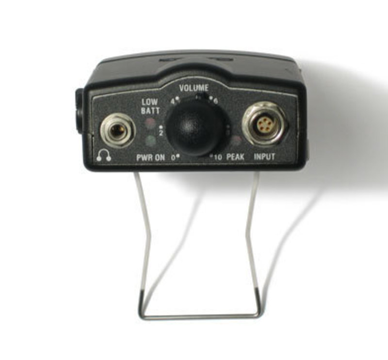 End-view of the body pack receiver showing its connector ports and volume control