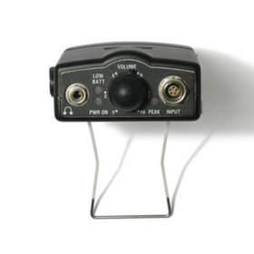 End-view of the body pack receiver showing its connector ports and volume control