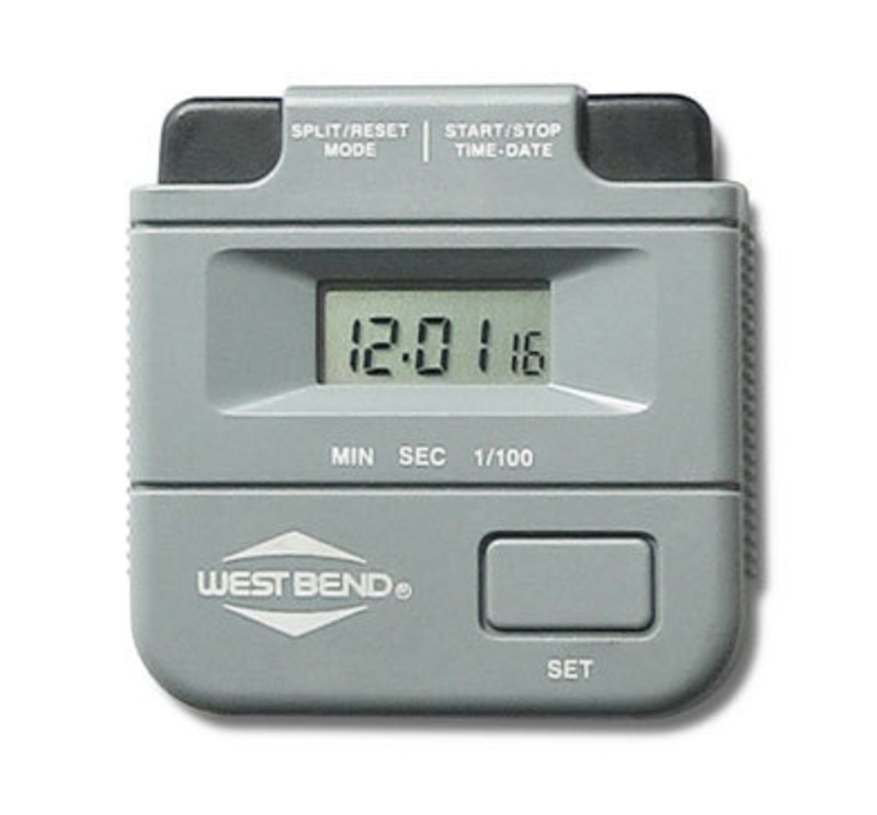 Front view of the West Bend stopwatch showing the screen and buttons