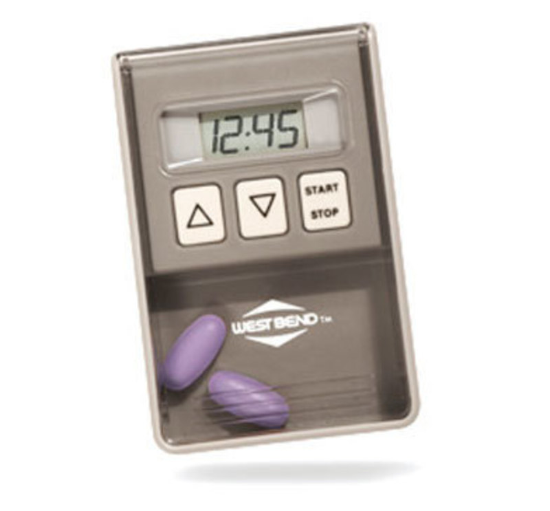 Front view showing pills stored inside the on-call pill box timer