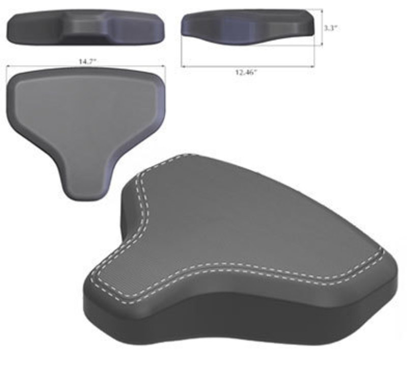 Front, side, top and perspective views of the final design for the Hancock saddle seat