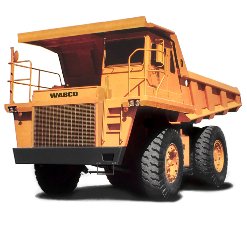 Three quarters front view of the Final production version of the Komatsu Dump truck