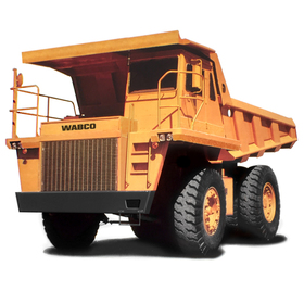 Three quarters front view of the Final production version of the Komatsu Dump truck