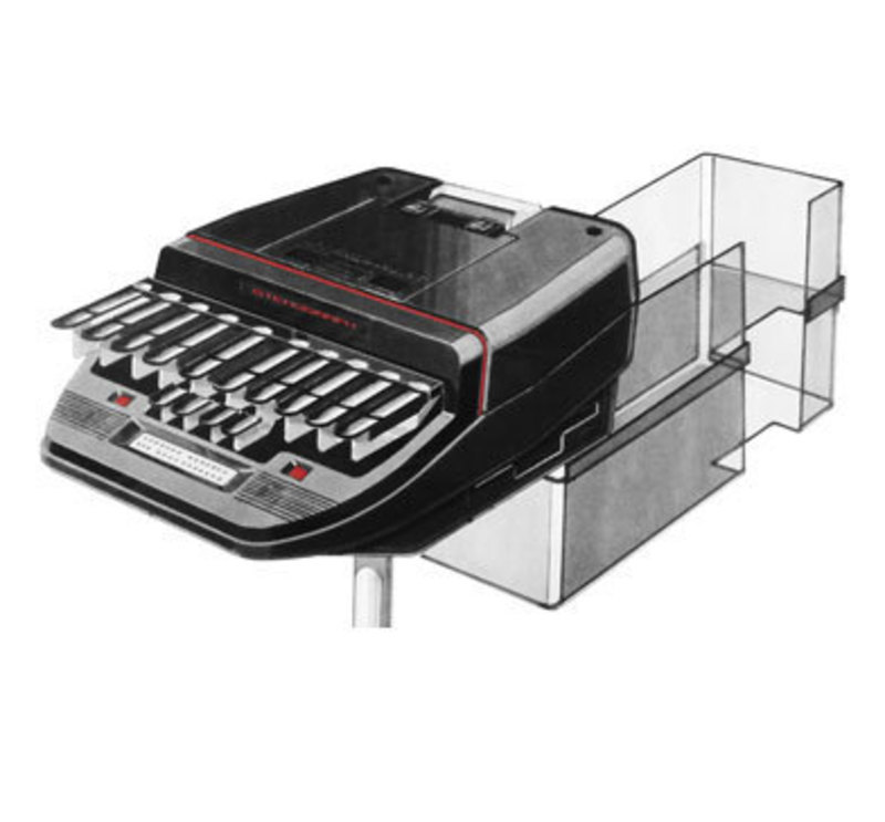 Concept rendering showing an early design for the Smart Writer with paper collection tray behind it