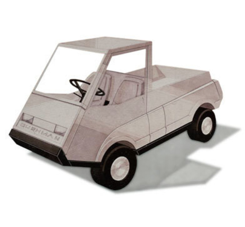 front three quarters view of the Cushman utility vehicle showing an early design with a canopy