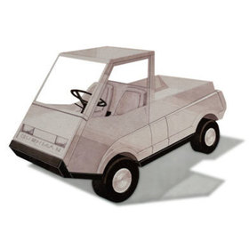 front three quarters view of the Cushman utility vehicle showing an early design with a canopy