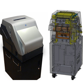 Front view of the Bill Validator next to a rear view with transparent skin showing internal components